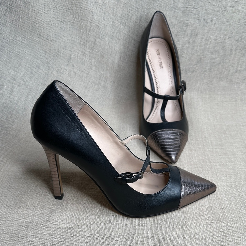 Pour La Victoire Black and Gunmetal T-Strap Heels 8